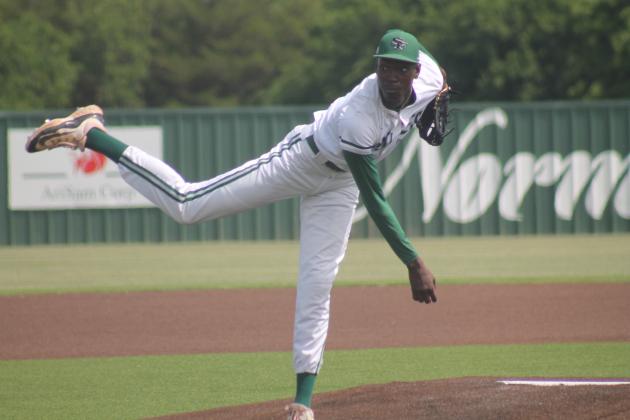 Edmond Santa Fe's Savion Sims pitches against Sand Springs in the first round of the 2024 6A state tournament, Thursday, May 9. Photo by George McCormick.