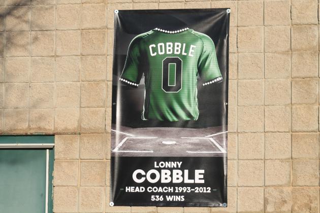 The banner honoring Lonny Cobble on display outside the home locker room