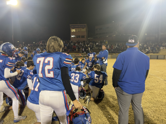OCS head coach rallies the juniors for next next season and says goodbye to the seniors in their final game following 14-27 loss to the Meeker Bulldogs Photo Sam Kozlowski.
