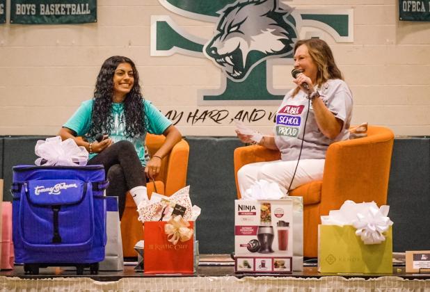 Student Ambassador Maira Arshad speaks with Dr. Angela Grunewald on stage at Edmond Public Schools Convocation. The two spoke about belonging and the Student Ambassador Program. Photo provided by Edmond Public Schools Foundation.