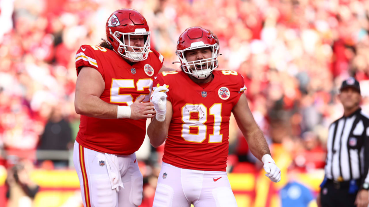 Former Oklahoma Sooners Creed Humphrey (left) and Blake Bell (right) celebrate a touchdown for the Kansas City Chiefs in the team's win over the Denver Broncos in 2022. Photo courtesy of the Kansas City Chiefs.