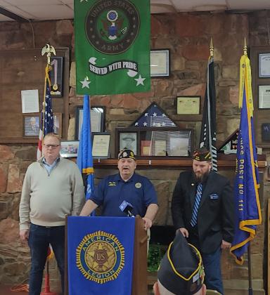 City Councilman Tom Robins, America Legion Commander Rex Ice and VFW Commander Deric Duncan host press conference. Photo by Erin Stevens.