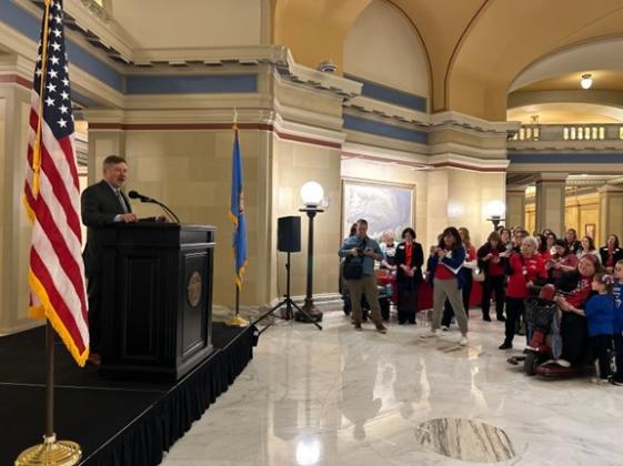 Oklahoma Attorney General Gentner Drummond speaks to a crowd attending Public Schools' Day at the State Capitol on Wednesday, Feb. 28. (Jennifer Palmer/Oklahoma Watch)
