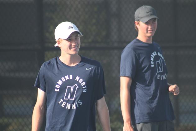 Edmond North's Jack Franklin and Dylan Rainwater at the Edmond North Varsity Tournament. Wednesday, April 17. Taken by George McCormick.