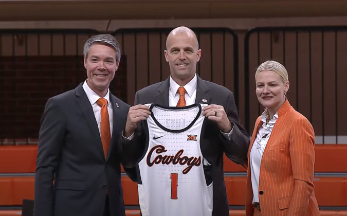 Steve Lutz is introduced as OSU's next head basketball coach by university President Dr. Kayse Shrum and athletic director Chad Weiberg. Courtesy of OSU athletics.