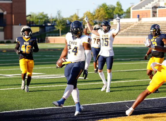 University of Central Oklahoma running back Willie Rice (24) spins across the goal line for a touchdown during the Bronchos’ spring game on Saturday. Photo by Drew Harmon.